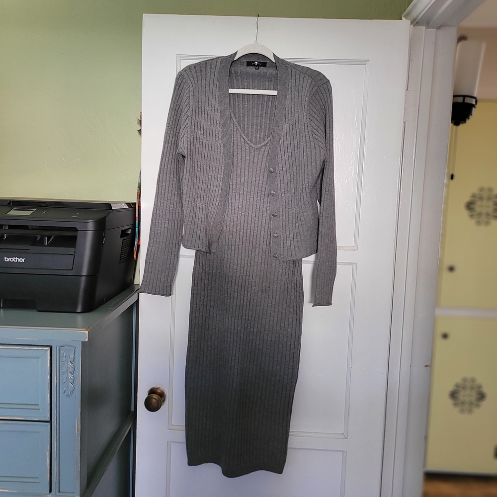 2 PC SET! 7 For All Mankind Gray Long Sleeve Dress / Cardigan Set